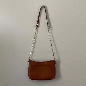 Small non-leather shoulder or sling bag with gold chain/non-leather strap